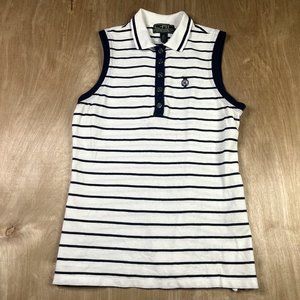 LRL Lauren Active Women’s Striped Collard 1/4 Button Sleeveless Top Size XS
